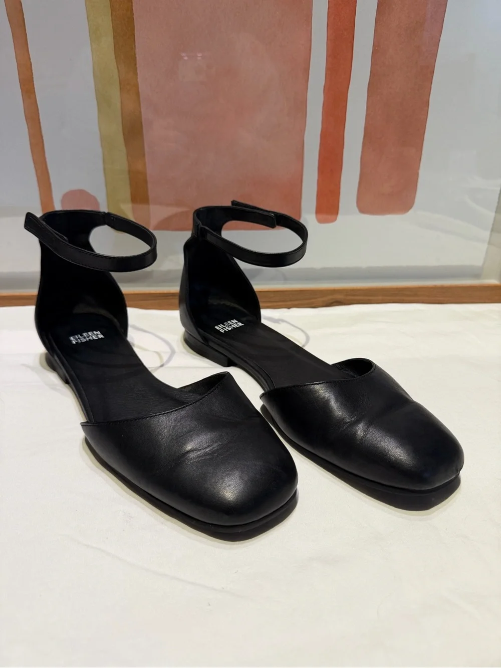 Eileen Fisher Black Leather Ankle Strap D’Orsay Flats Size 9
